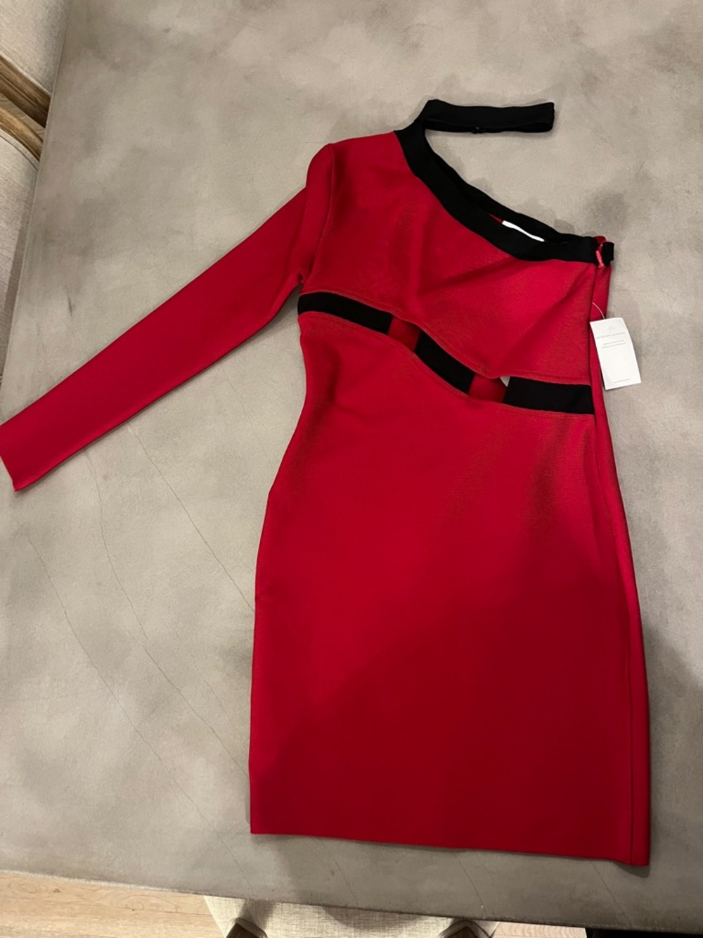 One-Shoulder Red Cutout Cocktail Dress with Black Trim